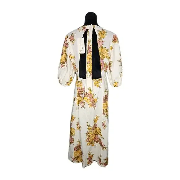 Nwt Sézane Jiana Ella Floral Linen Blend Puff Sleeves Open Back Midi Dress US 10 - Picture 5 of 12